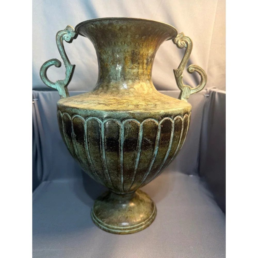 Vintage Brass Urn Vase Verdigris Patina Fluted Metal Vessel Ornate Handles
